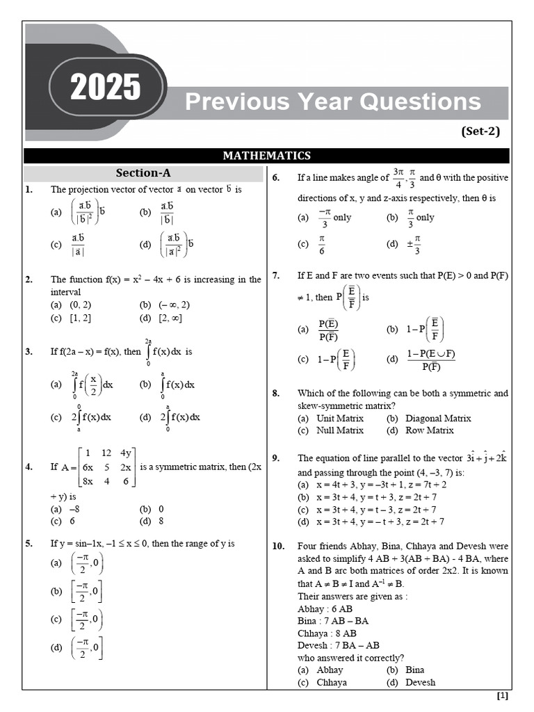 Previous Year Questions: Mathematics | PDF | Matrix (Mathematics ...