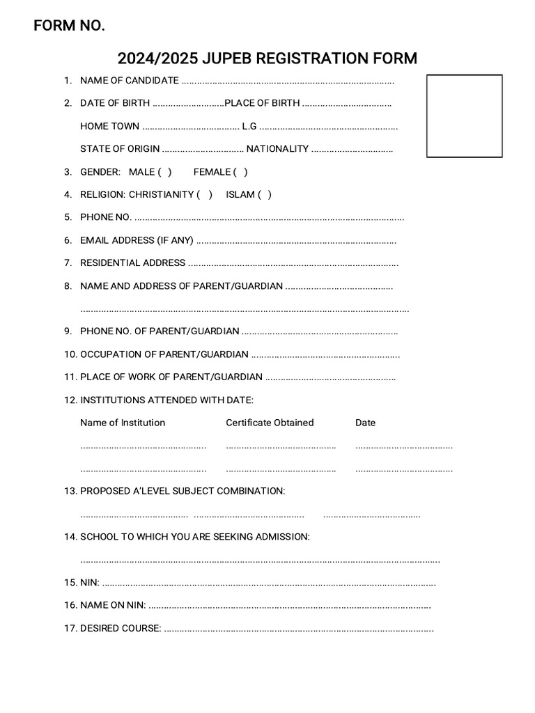 2024/2025 JUPEB Registration Form | PDF | Chess Theory | Chess