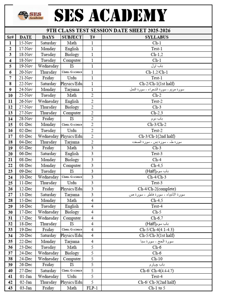 9th Class Test Schedule 2025-2026 | PDF