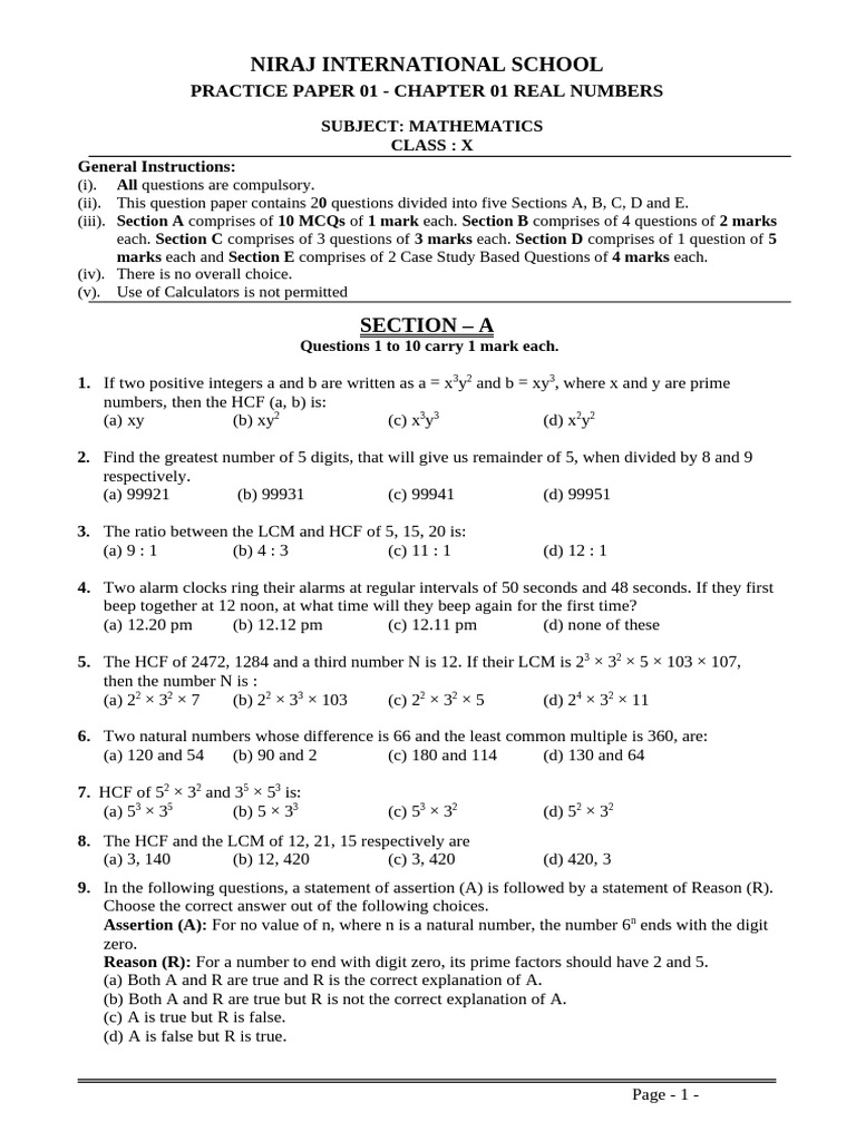 Class X Mathematics Practice Paper: Real Numbers | PDF | Numbers ...