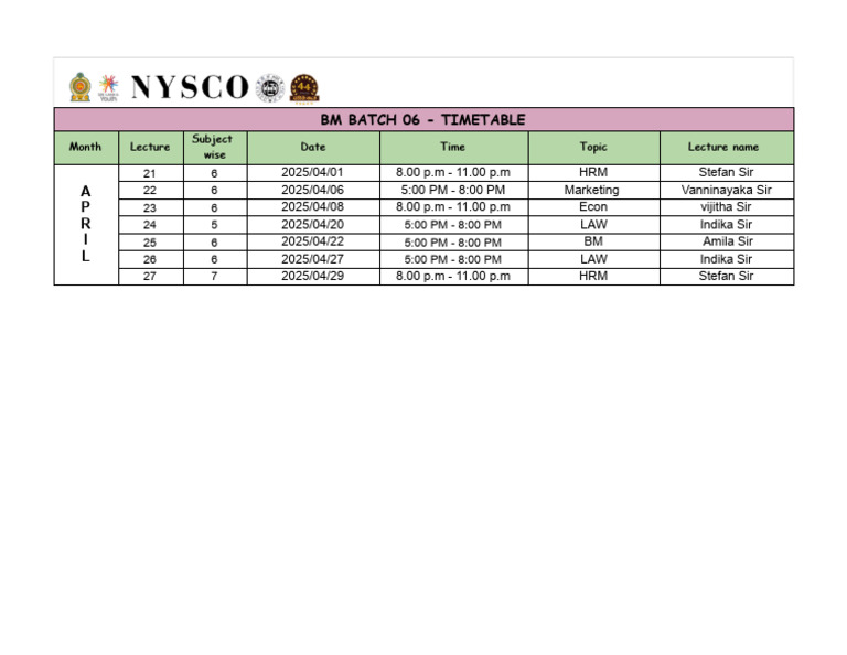 April Timetable - 2025 - BM B 06 | PDF