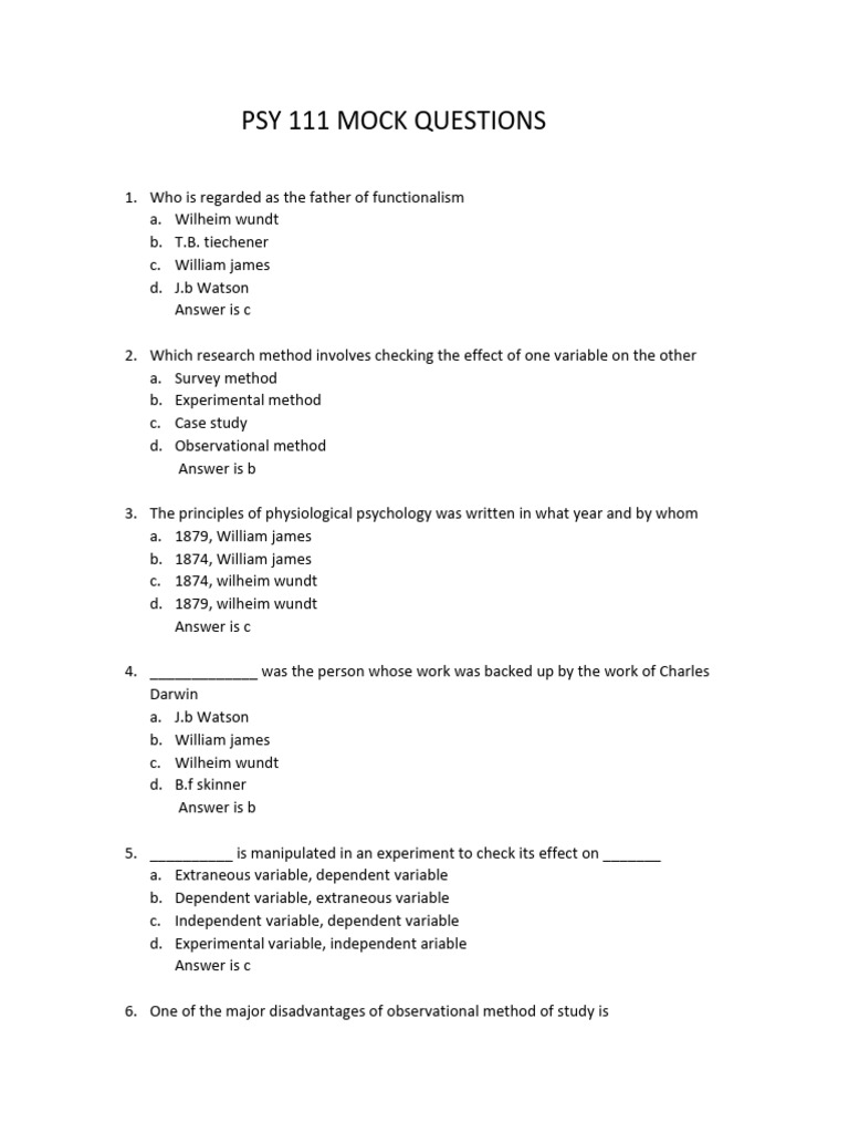 PSY 111 Exam Mock Questions Guide | PDF | Neuron | Action Potential