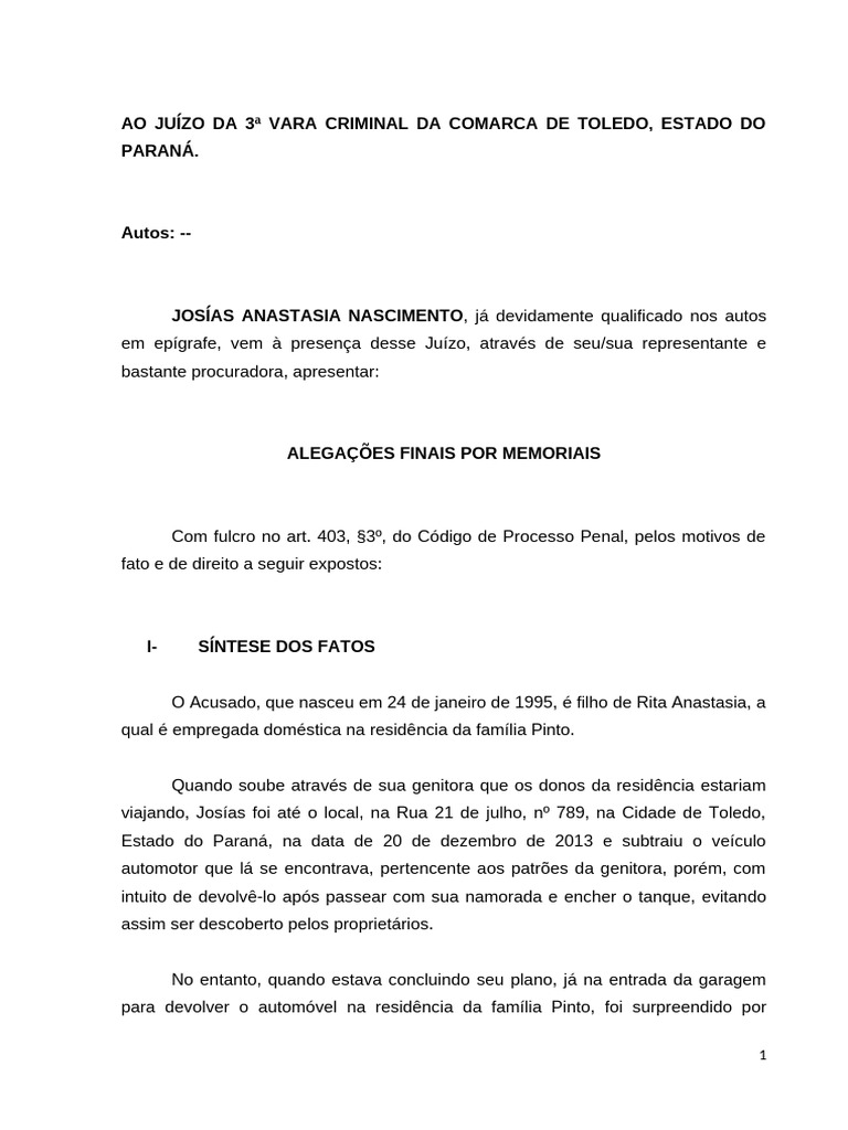 Alegações Finais em Caso de Furto Qualificado | PDF | Roubo | Sentença ...
