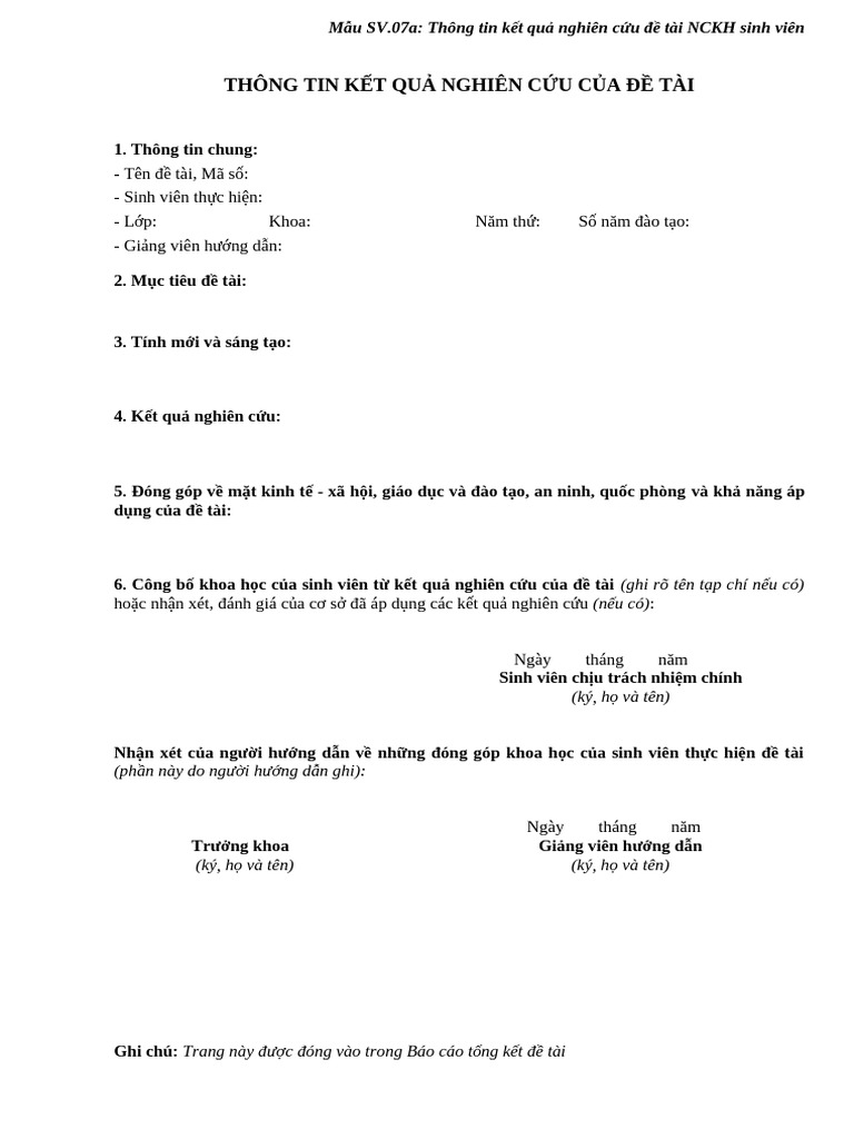 Mau SV.07a Thong Tin Ket Qua Nghien Cuu de Tai NCKH Sinh Vien | PDF