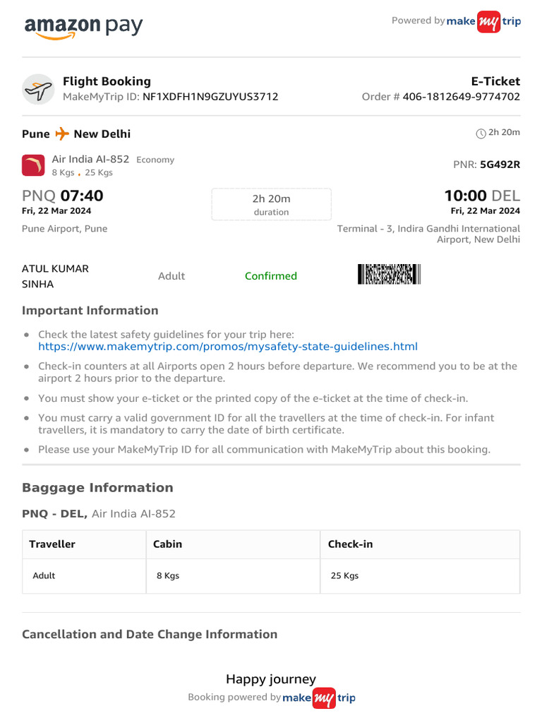 Air India Flight Booking Confirmation | PDF | Airlines | Aviation