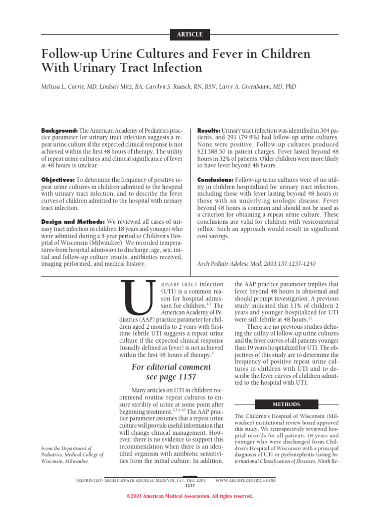 Follow-Up Urine Cultures and Fever in Children | PDF | Urinary Tract ...