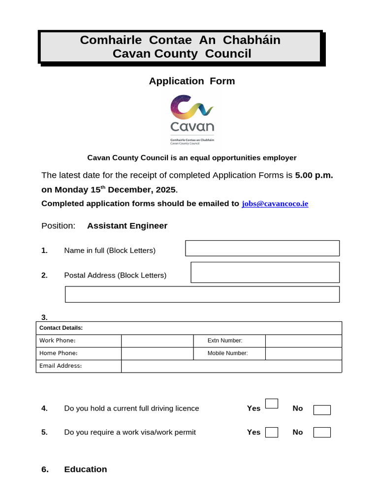 Cavan County Council Assistant Engineer Application | PDF