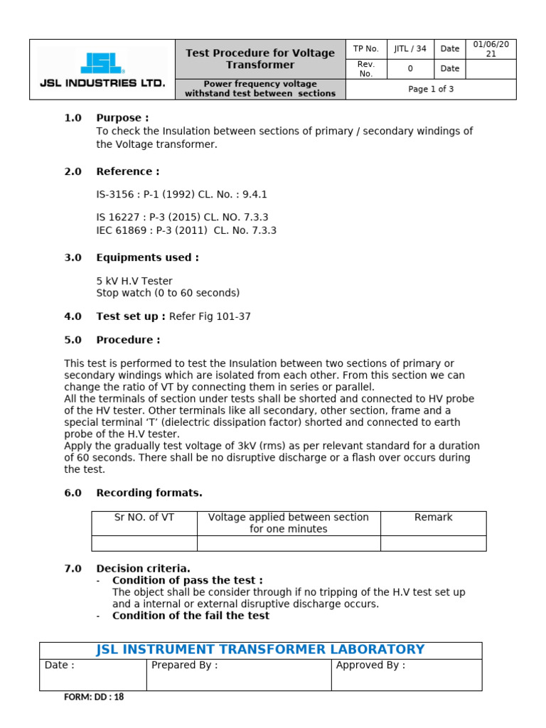 Voltage Transformer Test Procedure | PDF | Transformer | Electrical ...
