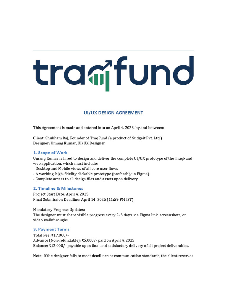 TraqFund UI UX Agreement Umang Kumar Signed | PDF