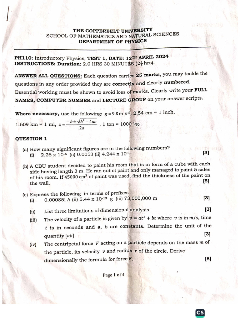 Physics 2024 Test 1 (Solutions) | PDF