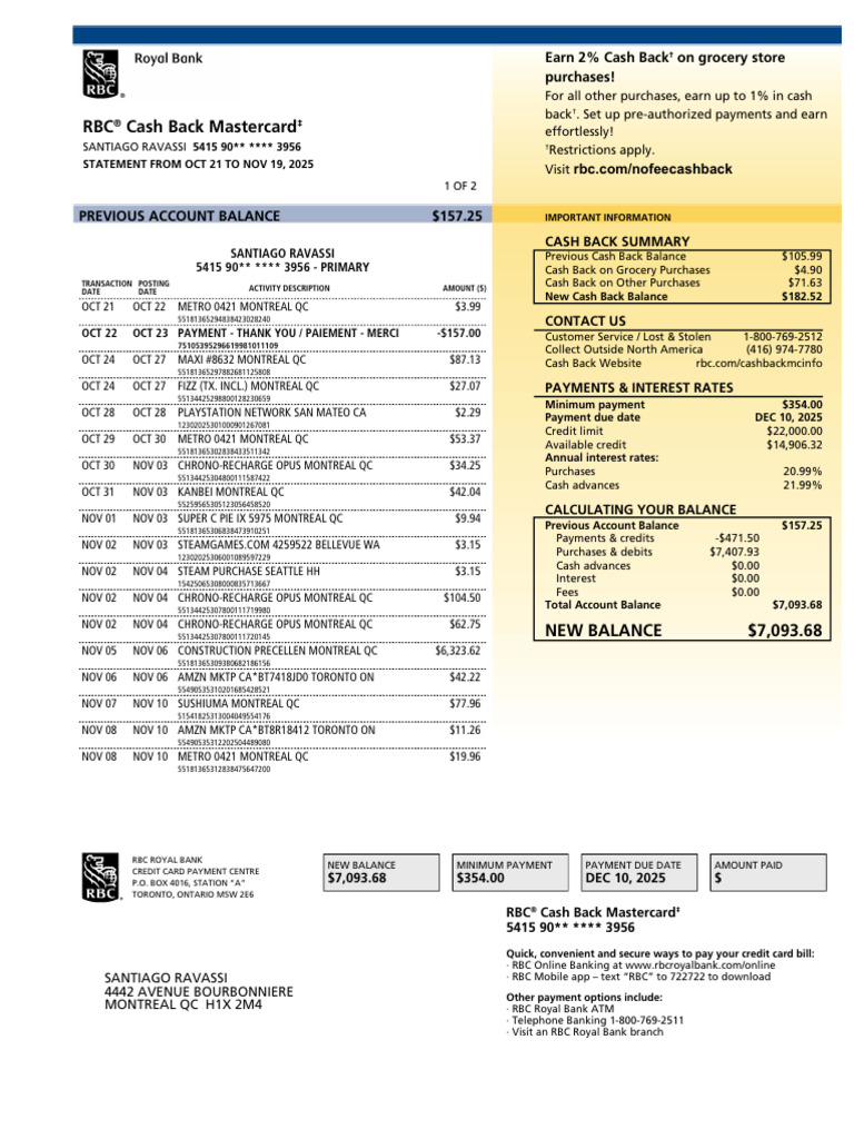 RBC Cash Back Mastercard Statement | PDF | Credit Card | Payments