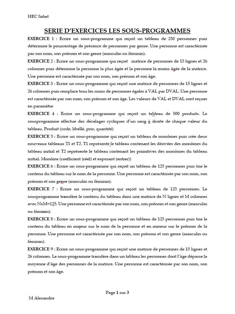 Exercices de sous-programmes en Python | PDF | Matrice (Mathématiques)