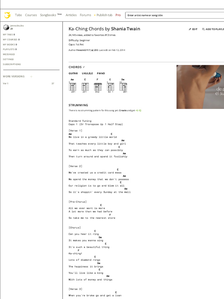 Shania Twain Ka-Ching Chords Guide | PDF | Song Structure | Sound Recording