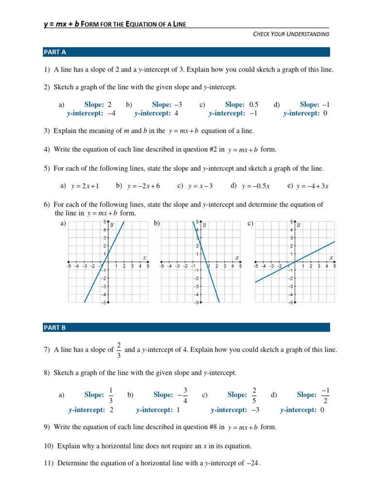 7) Extra Practice y=Mx+b Form for the Equation of a Line - CYU | PDF ...
