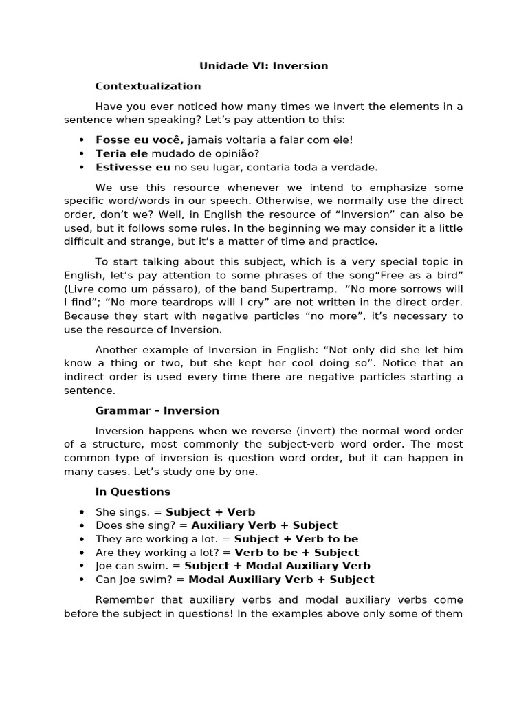 Unidade VI Inversion | PDF | Verb | Subject (Grammar)
