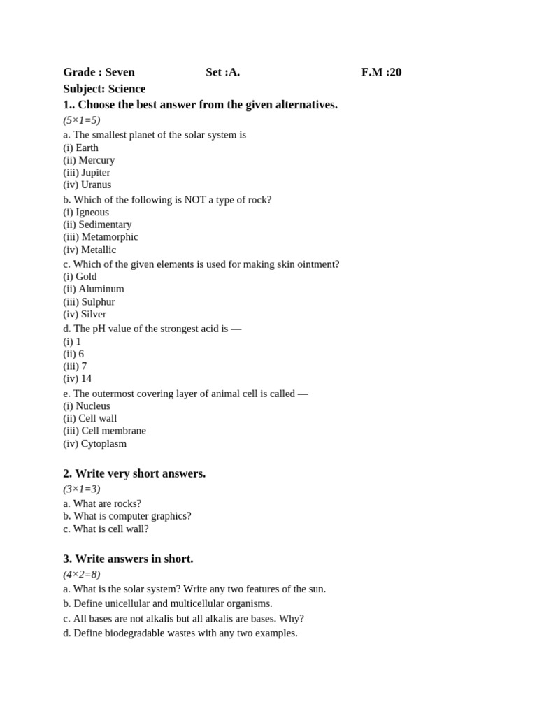Science Class 7 Set A | PDF