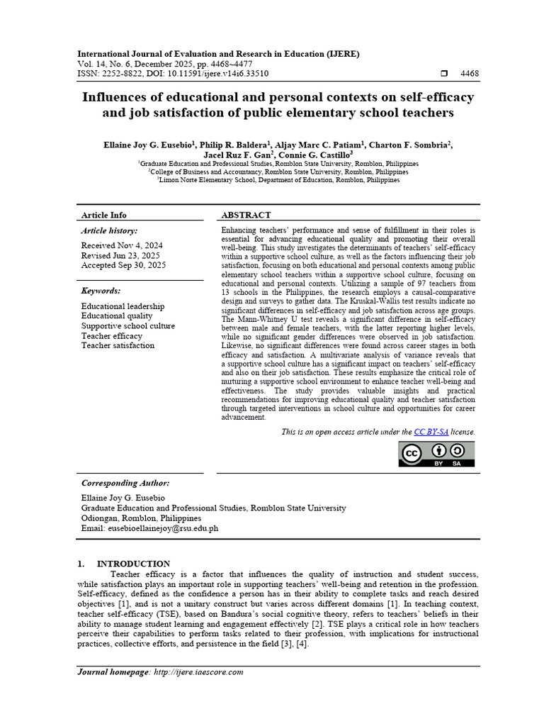 Teacher Self-Efficacy and Job Satisfaction | PDF | Self Efficacy | Teachers