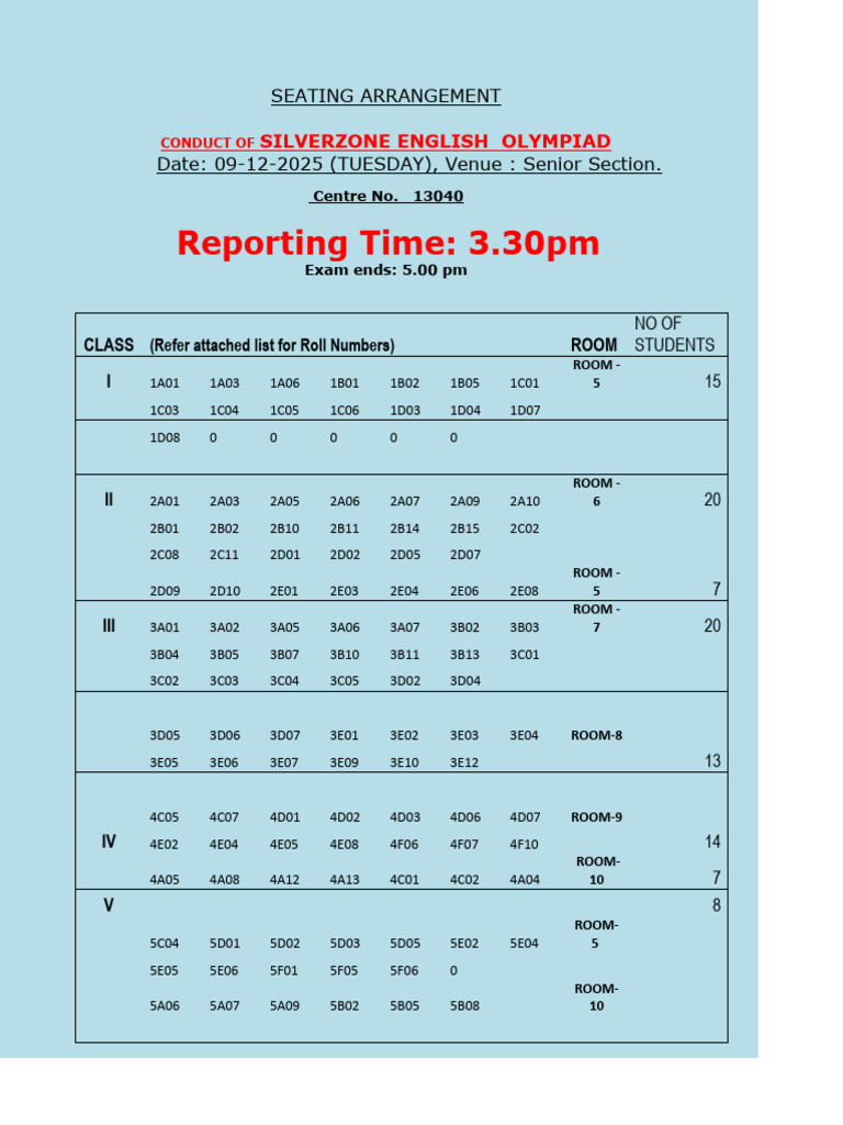 Silverzone English Olympiad Seating Plan | PDF