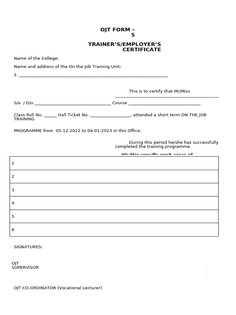 OJT Certificate Template for Students | PDF