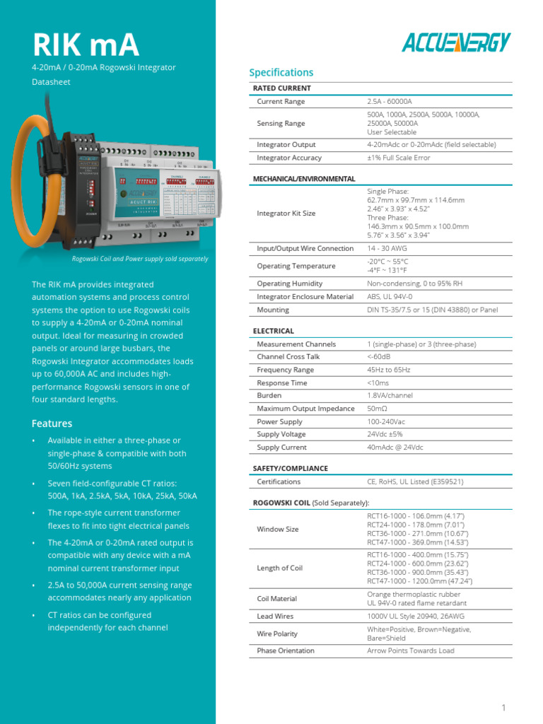 Rik Ma 4 20ma 0 20ma Rogowski Integrator Kit Datasheet | PDF ...
