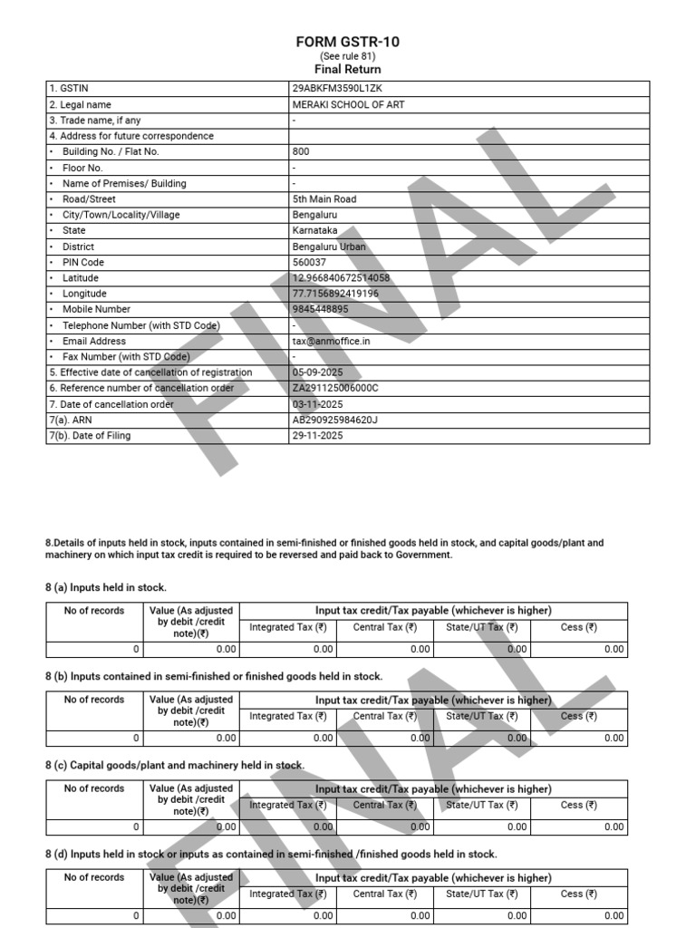 GSTR-10 Final Return for Meraki School | PDF | Debits And Credits | Taxes