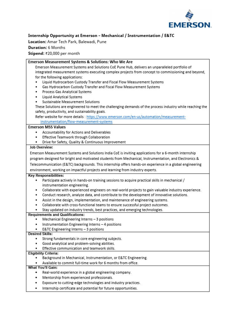 Internship at Emerson for Engineering Students | PDF | Engineering ...