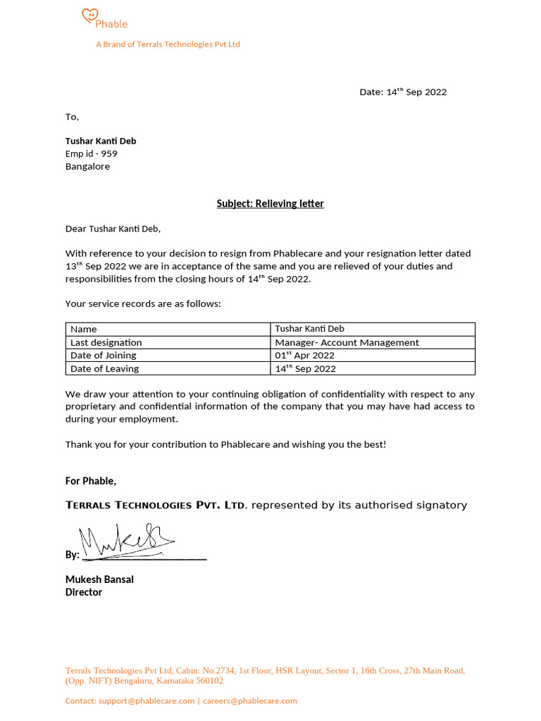 Relieving Letter for Tushar Kanti Deb | PDF