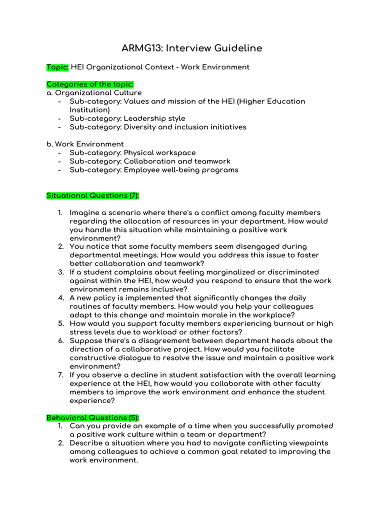 HEI Work Environment Interview Guide | PDF | Well Being | Occupational ...