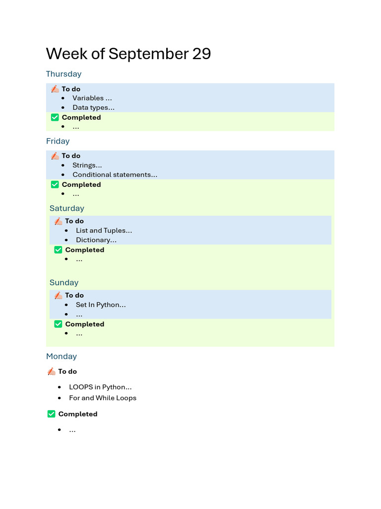 Python Programming Weekly Plan | PDF