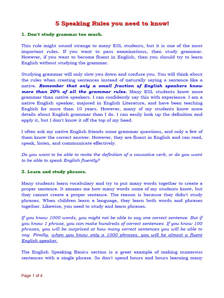 Five Speaking Rules1 | PDF | English Language | English As A Second Or ...