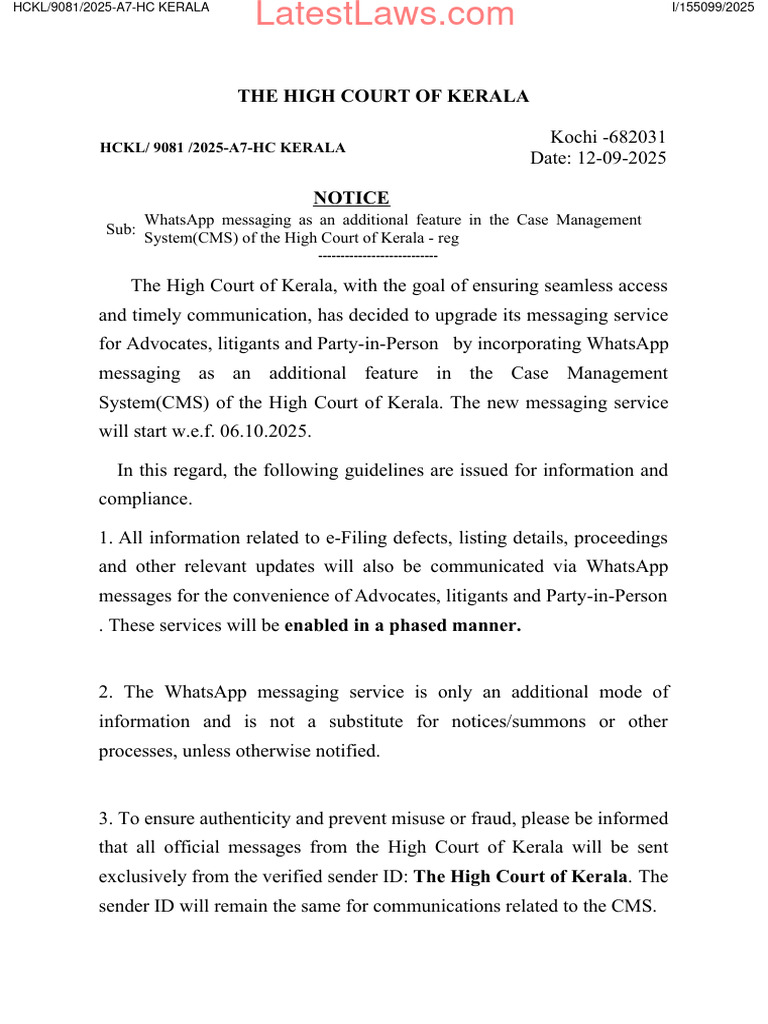 Kerala High Court Introduces WhatsApp CMS | PDF | Advocate | Prosecutor