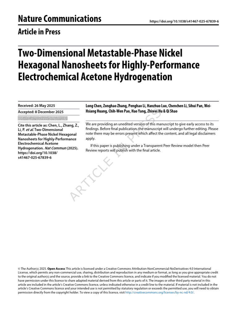 Nickel Nanosheets for Acetone Hydrogenation | PDF | Hydrogenation ...