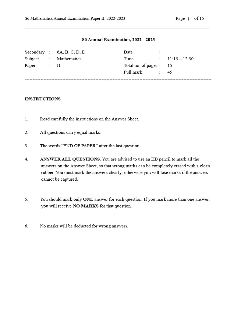 S6 Mathematics Exam Paper II 2022-2023 | PDF | Coordinate System | Area