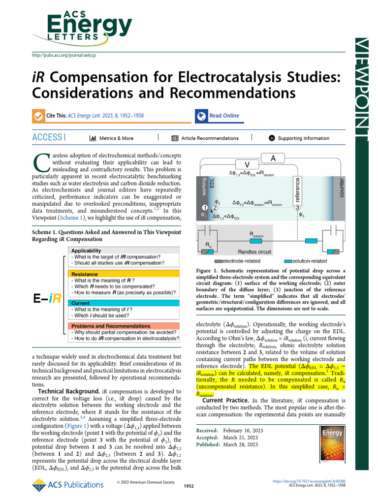iR Compensation in Electrocatalysis | PDF | Catalysis | Electrochemistry