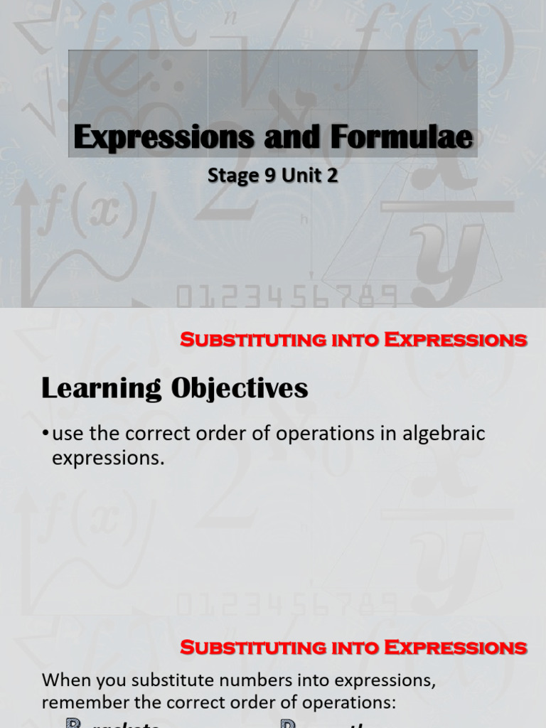 S9 Unit 2 Expressions and Formulae | PDF | Subtraction | Multiplication