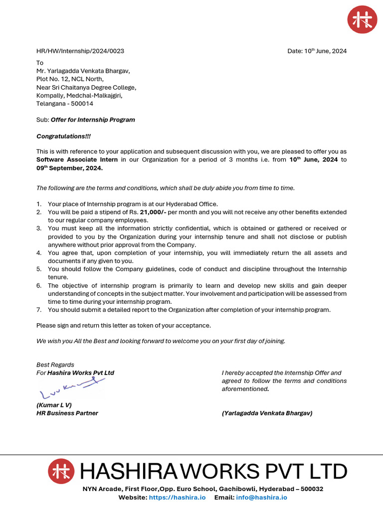 Internship Offer Letter - Hashira Works | PDF