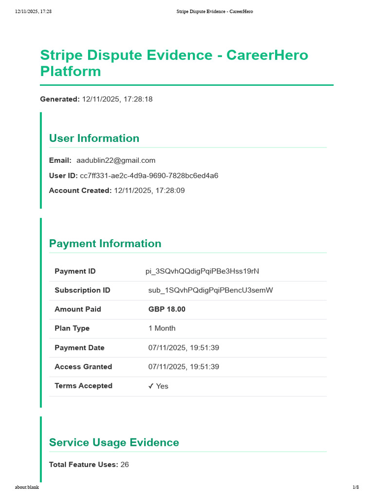 Stripe Dispute Evidence for CareerHero | PDF | Subscription Business ...