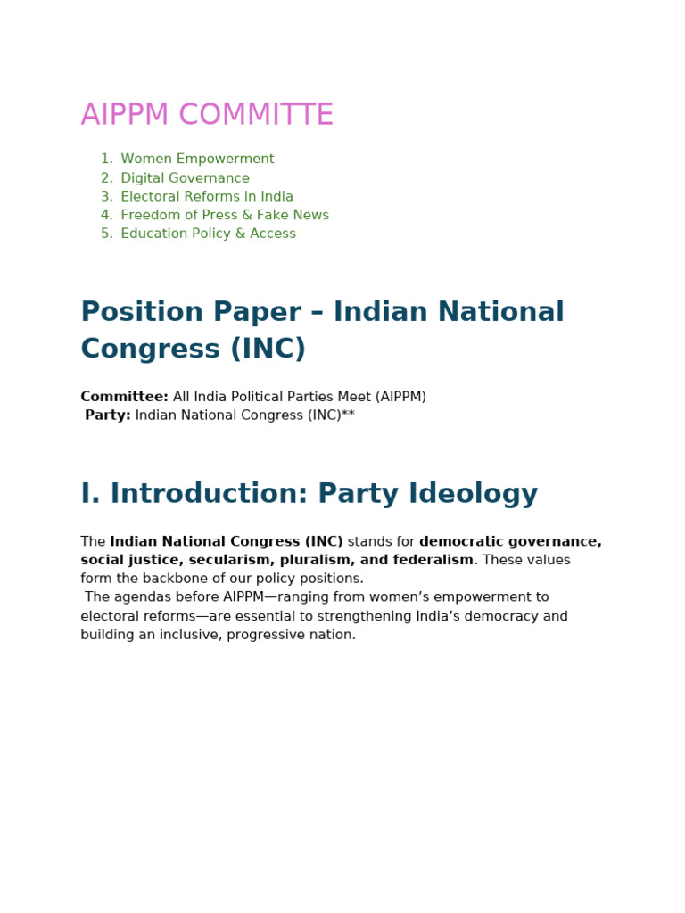 AIPPM Position Paper: INC Agendas | PDF | Indian National Congress ...