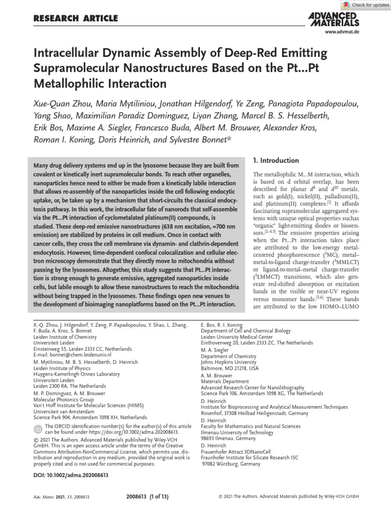 Advanced Materials - 2021 - Zhou - Intracellular Dynamic Assembly of ...