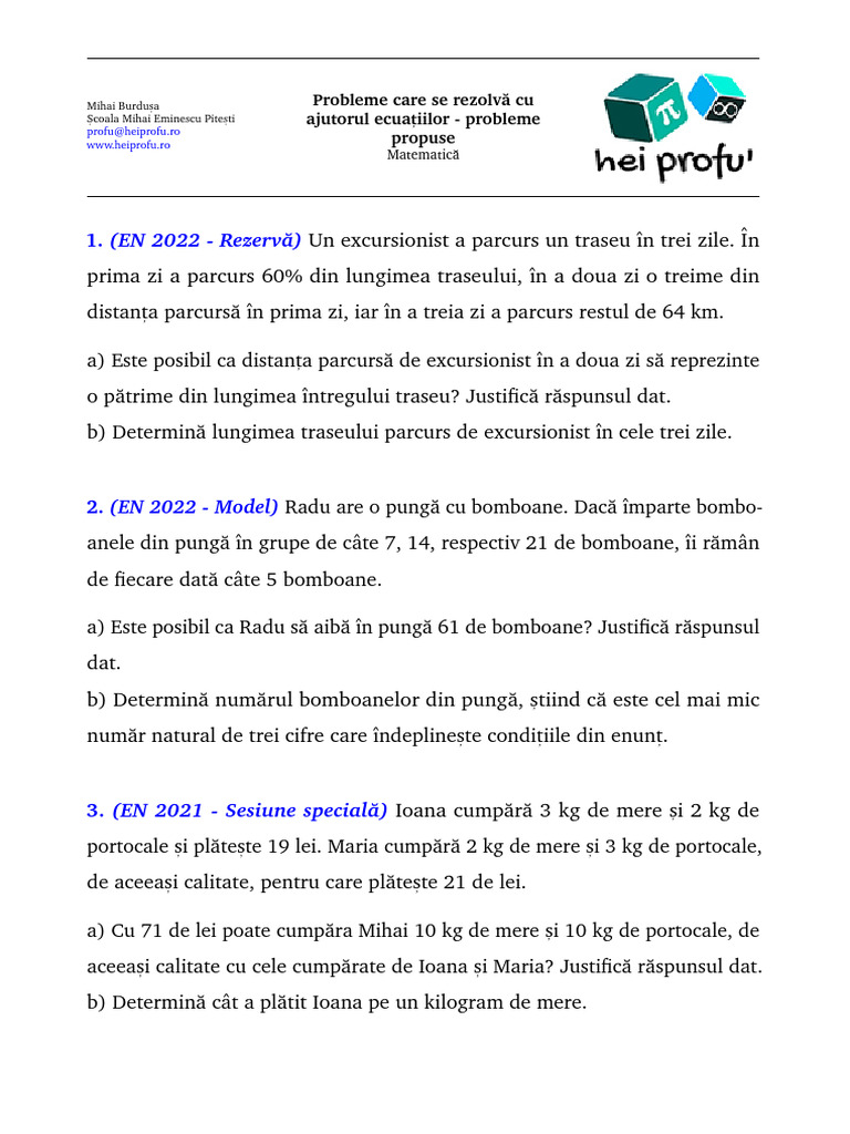 Probleme Care Se Rezolva Cu Ajutorul Ecuatiilor Probleme Propuse | PDF