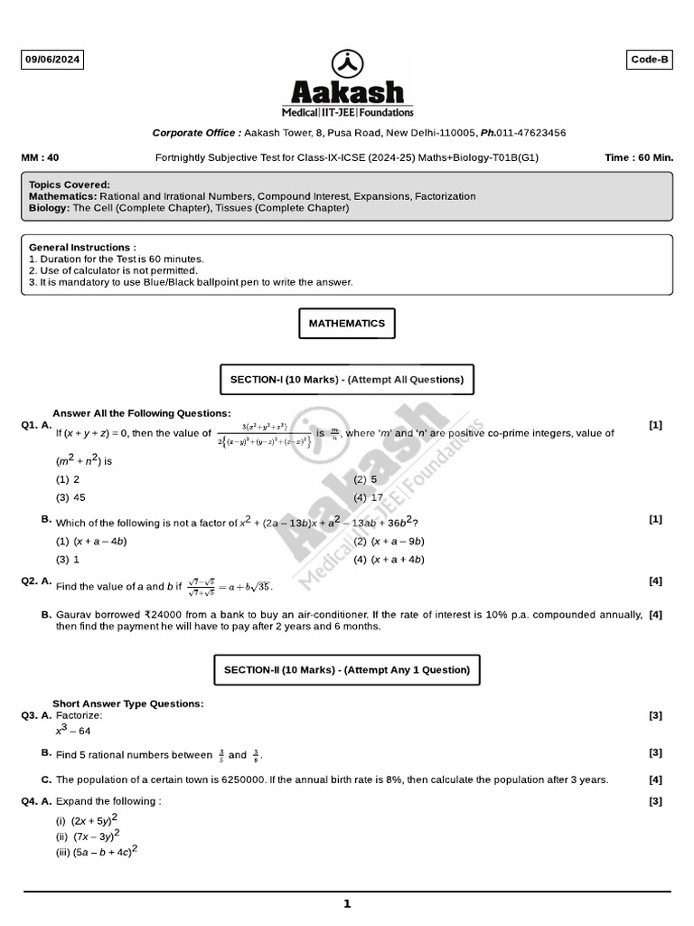 FST-1B (ICSE - G-1) Math - Bio (C-09) 09-06-2024-1 | PDF