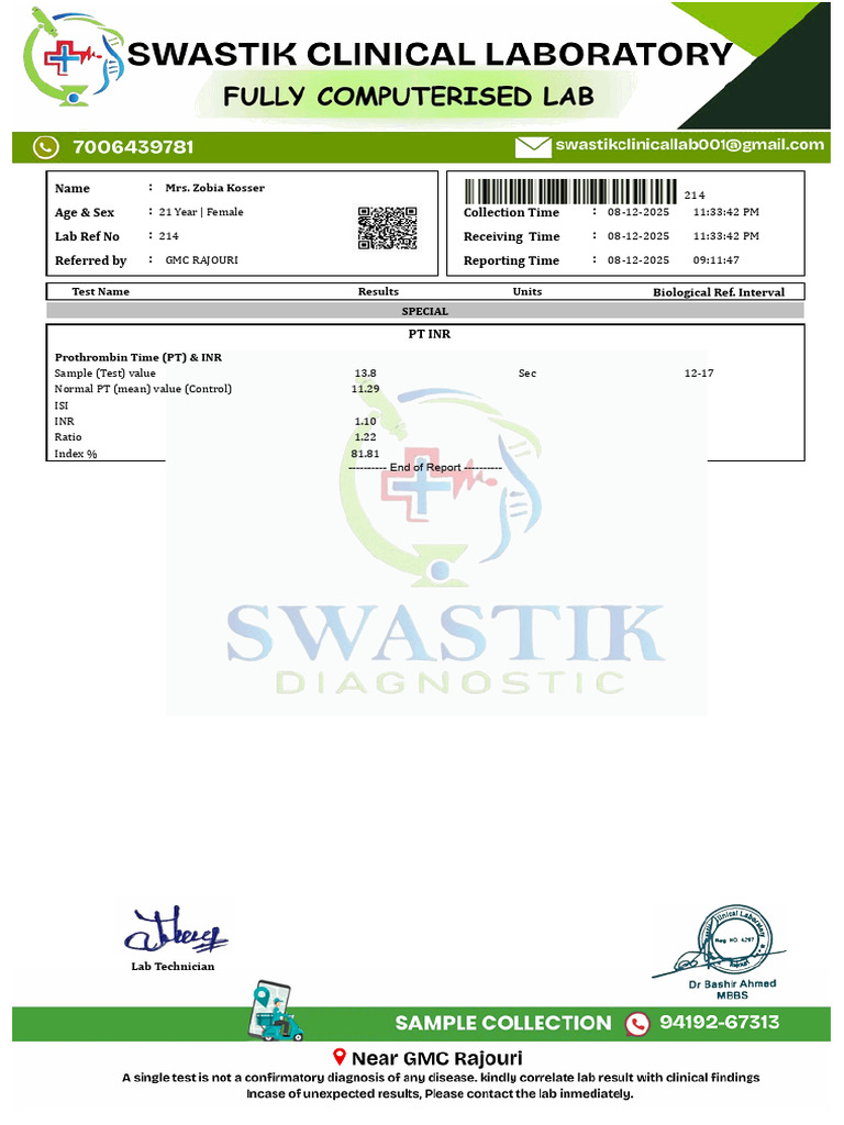 Prothrombin Time & INR Test Results | PDF