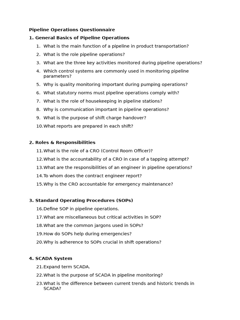 Pipeline Operations Overview Questionnaire | PDF | Pump | Valve