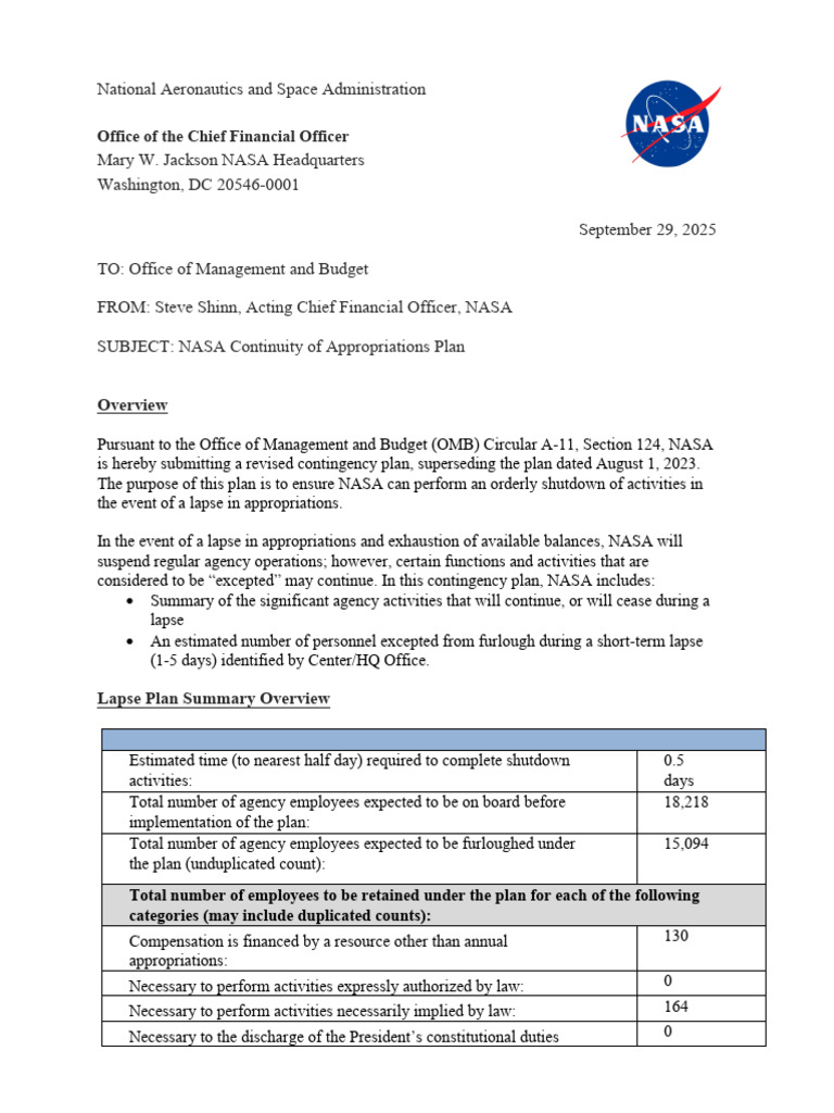 NASA Appropriations Continuity Plan | PDF | International Space Station ...