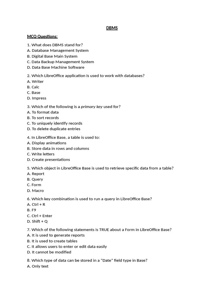 DBMS MCQ Questions and Answers | PDF | Databases | Table (Database)