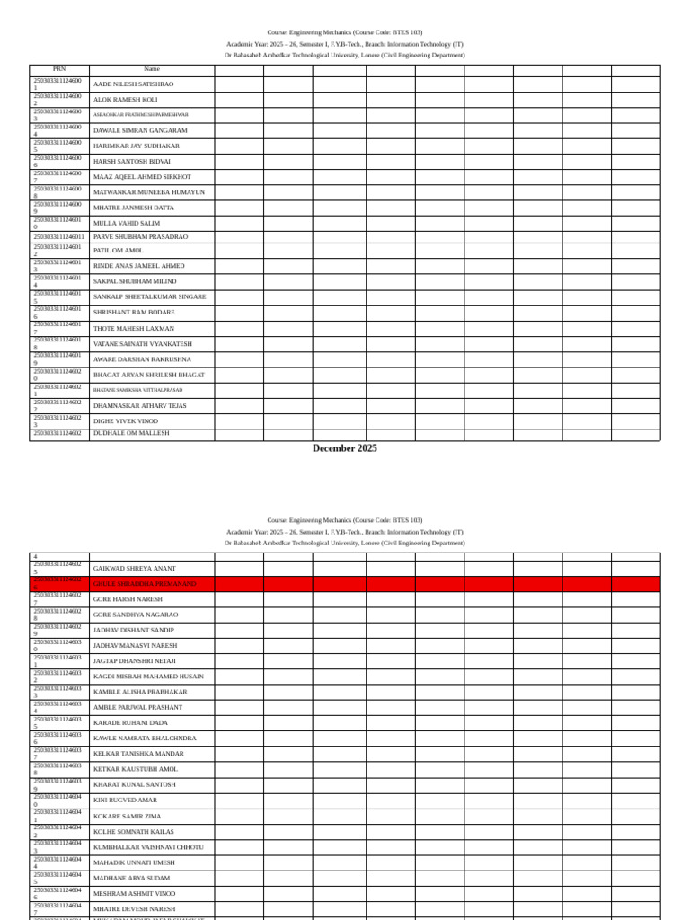 Engineering Mechanics Course Roster 2025 | PDF