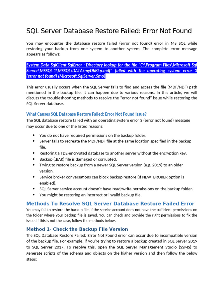 Fix SQL Server Restore Error Not Found | PDF | Microsoft Sql Server ...