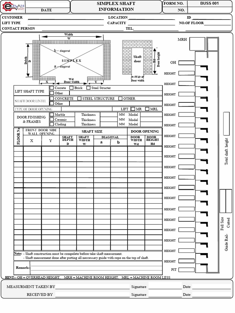 Simplex Lift Shaft Measurement Form | PDF | Door | Elevator