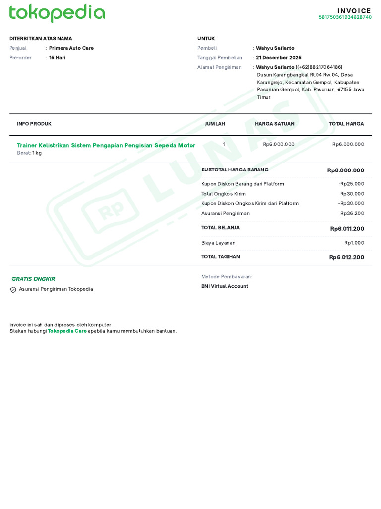 Invoice Pembelian Trainer Kelistrikan | PDF