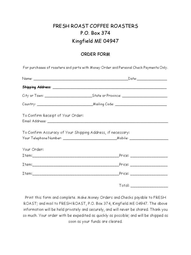Fresh Roast Coffee Order Form | PDF